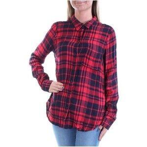 Lucky Brand Red Plaid Cuffed Collared Button Up Top Size Small